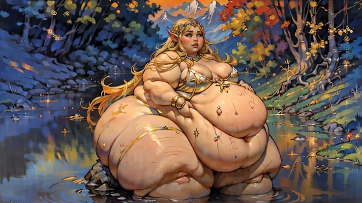 rule_of_thirds, 1 bbw elf goddess, extremely obese, (obese belly):1.8, (obese legs):1.5, fat rolls, massive bbw body, massive hy...