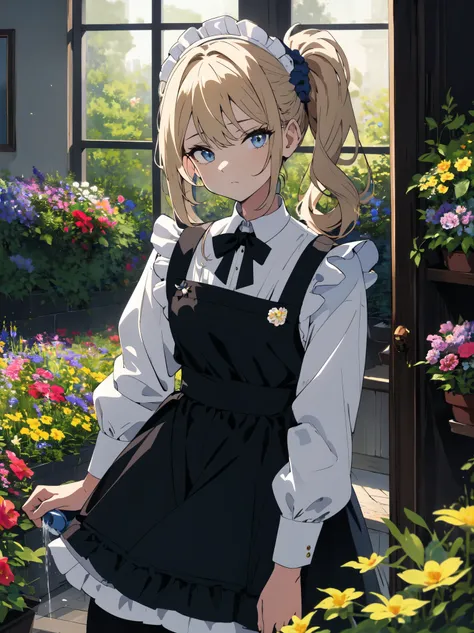 (masterpiece, highest quality, High resolution、be familiar with), (shining eyes)、1 girl,blonde hair, maid, blue eyes, side ponytail, hair scrunchie, hair ornaments, blue scrunchie, maid headdress, apron, (Mansion garden),(I am watering the flowers blooming...