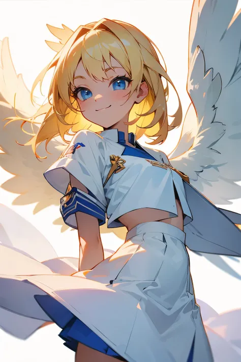 Cute girl, blonde hair, blue eyes, cute smile, white clothes, wings, angel