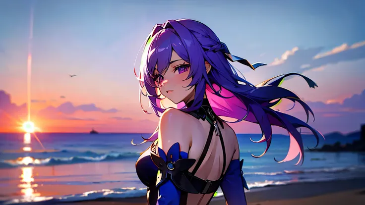 beach，seaside，sunset，purple hair，purple eyes，8k resolution