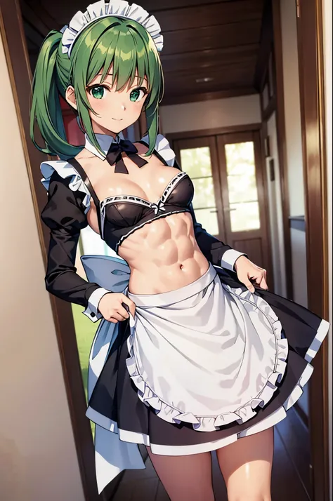 masterpiece, best quality, ultra detailed, ultra high resolution, very detailed face, anime, solo, girl, ((((maid costume)))), (((expose a vagina))), ((rolling up a skirt)), emeraldgreen color medium hair, ((piggytail hair)), (((small breast))), (six pack ...