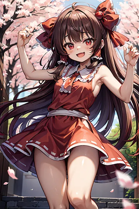 reimu hakurei　cheeks are red　Natural Laughing Face　Show from head to thigh　cute face　small breasts　small butt　good style　Normal attire　Near the cherry blossoms　Cherry blossom petals are dancing　small 