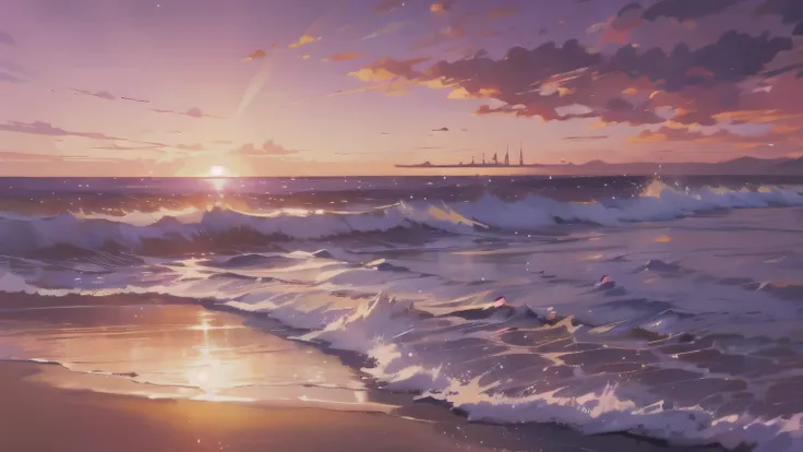 beach，seaside，Sunset，purple hair，purple eyes，8k resolution