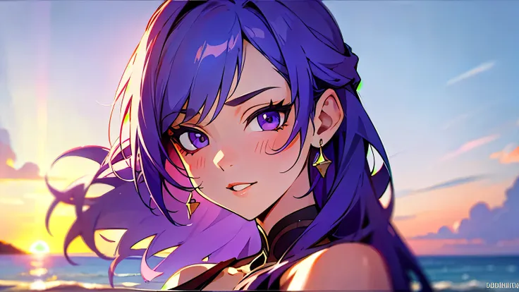 beach，seaside，sunset，purple hair，purple eyes，8k resolution