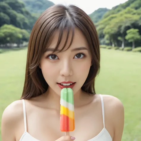 (highest quality、table top、8k、best image quality、Award-winning work)、one beautiful woman、(40 year old mature woman:1.2)、(Sexy holding a popsicle in her mouth:1.1)、lick a popsicle、sexy expression staring at me、perfect makeup、(close up of face:1.3)、(Super hi...