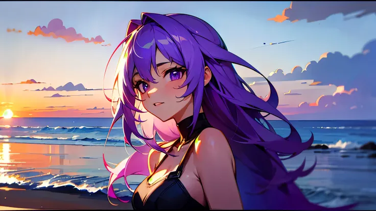 beach，seaside，sunset，purple hair，purple eyes，8k resolution