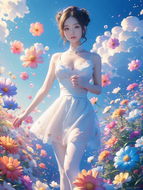 Movie照片独奏,1 girl,,lace_skirt,two colors_pantyhose,big breasts,(colored hair:0.1),Beautiful girl standing on flowers,Facial details perfect,And the details of the characters are also exquisite,fashion portrait,bright colors,clean background,panoramic,Large ...