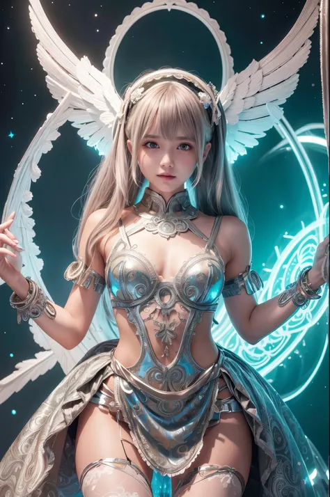 Cyborg, Girl, Beautiful girl, Cute, Sexy, Strong, Slender, Delicate, Smile, (Lolita costume), High legs, Metallic, ultra color, paisley, Headgear, mandalas, Near future, Heaven, angel, feater, wing, Helix lamp