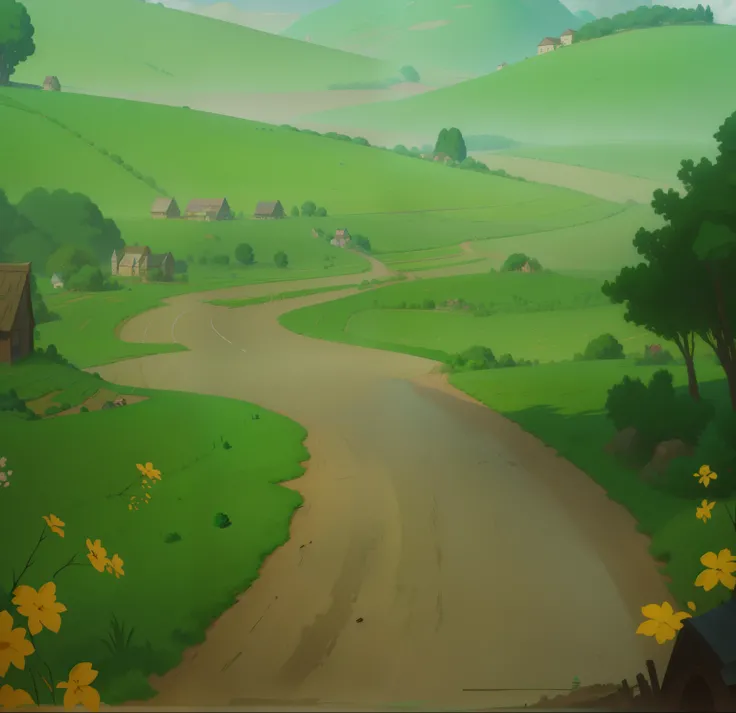 there is a painting of a road going through a green field, concept piece, painted as a game concept art, background art, anime countryside landscape, scenery game concept art, disney inspired landscape, distant village background, concept art, concept art,...