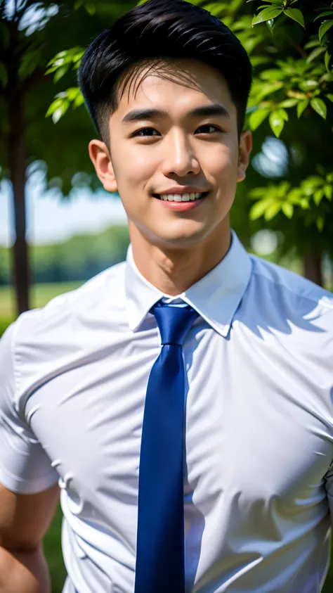 (Masterpiece: 1.2),(CGI art:1.3),(realistic:1.5),(post processing:1.3), (sharp focus:1.3), 1 man smiles showing teeth, (Wear a white shirt... Blue tie), short sleeve), Navy pants, Korean guy , korean men, (High gloss details), chest muscles, Big arm muscle...