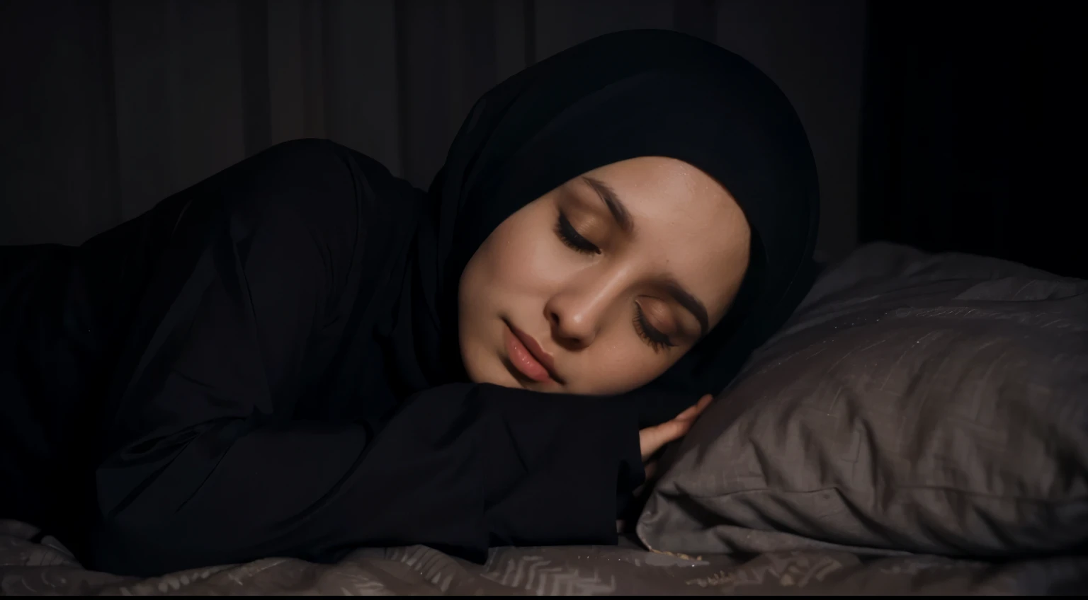 Image of a woman wearing a hijab and Muslim clothes sleeping on her side, facing forward, in the nighttime atmosphere, eyes closed