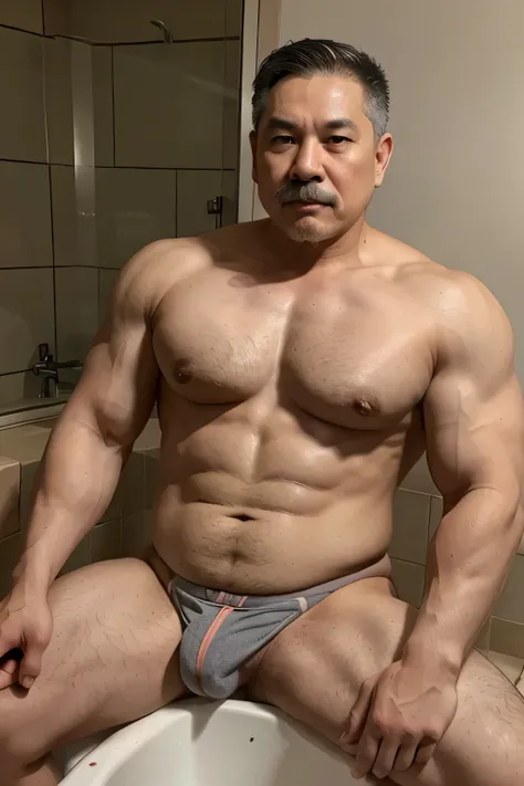 A Vietnamese dad with gray hair is fucking a boy, mature face, a thick mustache, bear body, wearing big bulging jockstrap sitting at the bathtub, have belly, big muscular chest, have very big bulge.