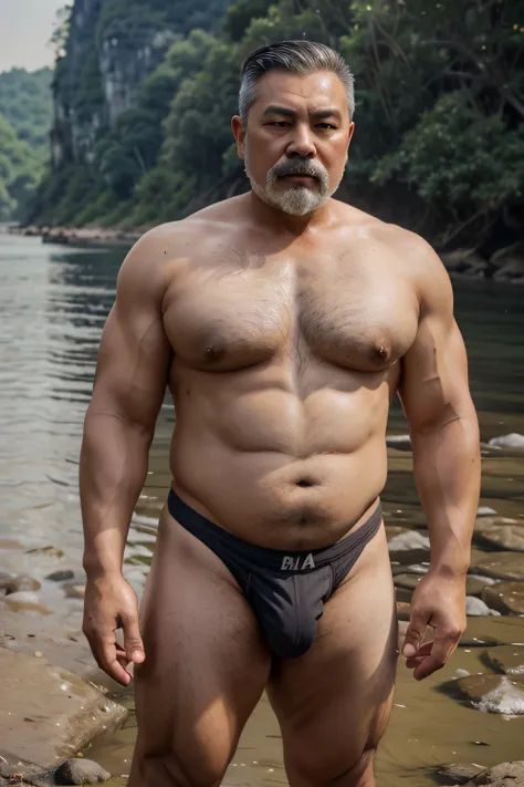 A Vietnamese dad with gray hair is fucking a boy, mature face, a thick mustache, a short chin beard, bear body, wearing big bulging jockstrap standing at river, have belly, big muscular chest, have very big bulge.