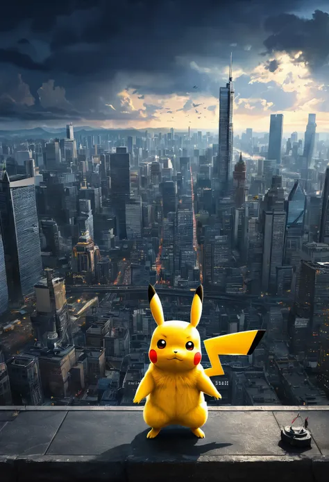 (best quality, masterpiece:1.2), a giant pikachu looming in the horizon, beyond the city skyline, massive, impending doom, ominous, elaborate details, perfect illustration
