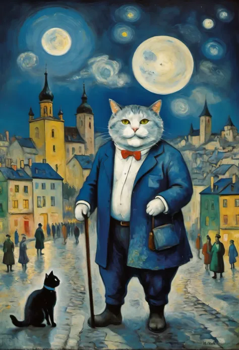 painting of a cat dressed in a tuxedo and a cane standing in front of a city