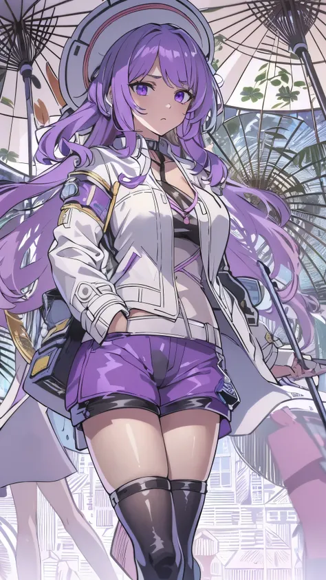 ((8K resolution))、((highest quality))、((masterpiece))、((Super detailed))((((dramatic))), (anatomically correct)、anime style、one person、one personの女性、eight-headed body、(The left eye is hidden by hair, purple eyes), ((white jacket, Purple pattern)), leather ...