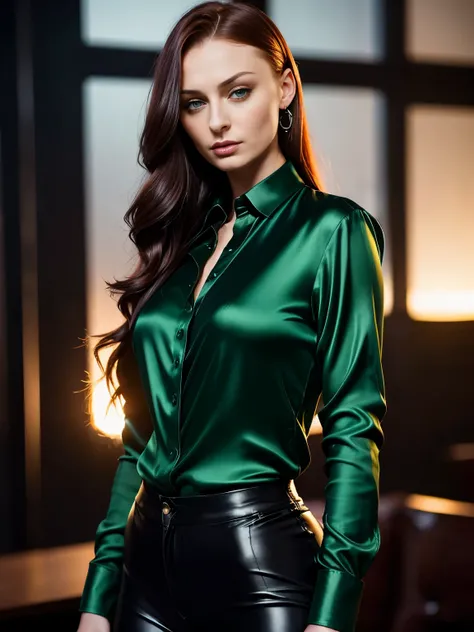 sexy woman (Sophie Turner), long curly dark black hair, gorgeous big eyes, high arched eyebrows, seductive look, (green low-cut silk shirt:1.3), black leather pants, stilettos, midnight modern metropolis, spot lighting, backlight on hair, shallow depth of ...