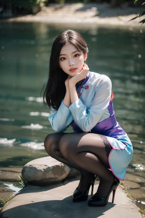 (full body:1.5)，(looking at viewer:1.4)， (Wearing Pantyhose, high heels, and Republic of China cheongsam:1.2), (Squatting down in the water:1.2),(In pink|amarelo|blue colors|green color|red colour|white colors|black in color|purpleish color|greys|Beige|Fle...