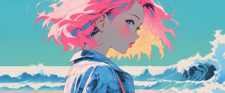 Illustrator, japanese cartoon movies , realistic ,sketch , lip, check shirts on a t-shirts, Short hair with lots of waves, neon hair, cool summer beach background, (masterpiece,best quality)