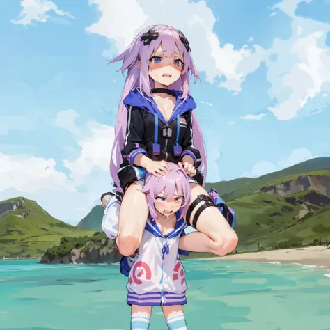 shoulder ride, crying, angry, pain, clencheed teeth, sun, beach, mountains,