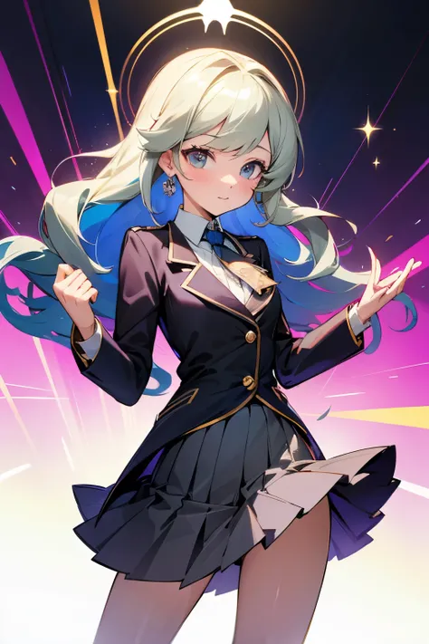 Solo shot featuring Diana Cavendish, long hair, DianaCavendishBase, Black thighs, Blush, Collared shirt, Jacket, Luna Nova school uniform, DJ skirt, She showcases her skills on the turntables in a vibrant rave.