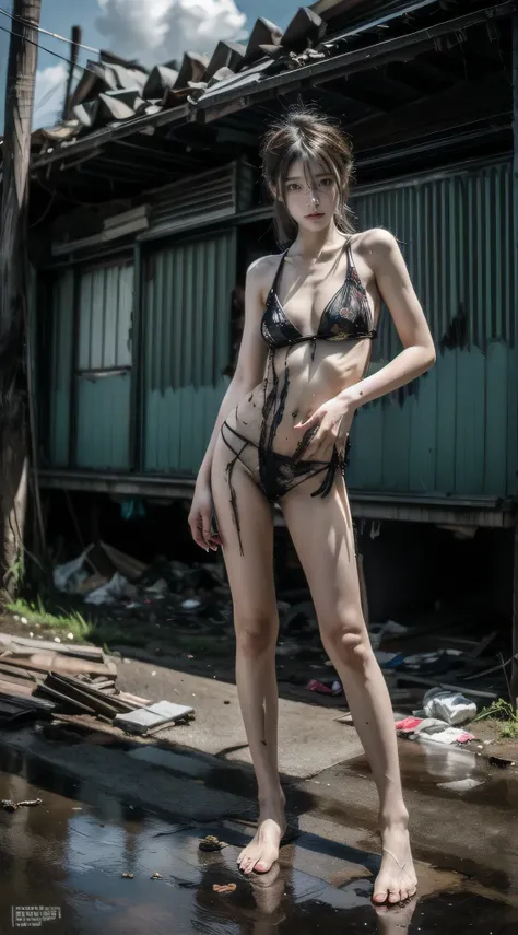 tmasterpiece，abandoned building，Garbage all over the ground，grimy，full-body portraits，Sexy standing pose，It was covered in scars and cloudy fluid，Slim legs，very beautiful long slim legs，The barefoot，full body exposed，exhibitionists，Systemic random exposure