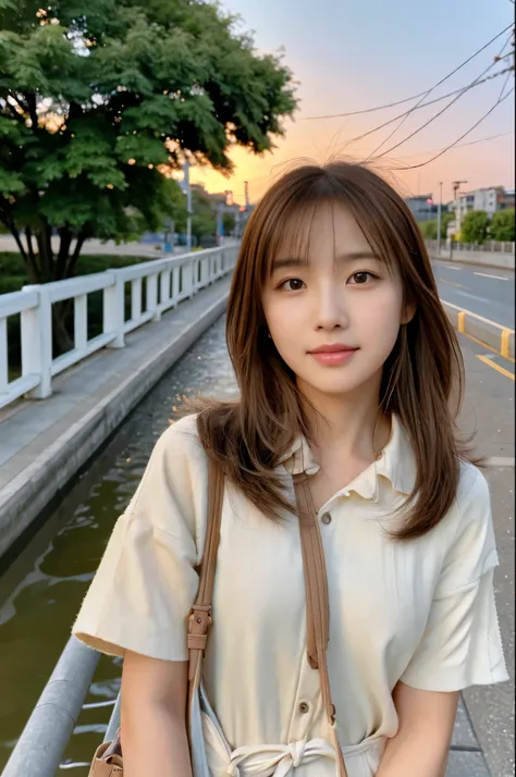 table top, highest quality, Portrait of one girl、Pores and skin texture can be checked with high resolution、A walk along the bank in the evening、Plain color、sunset、SLR camera image quality、