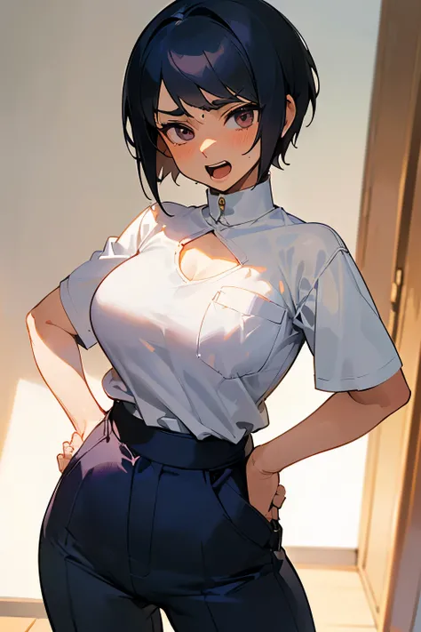 Yuriko did (Million lives). Short stature. (((white shirts))).(((A pocket))).(((Masterpiece))).(((Best quality))).((Very detailed))).(((Tanveer))). (((Place hands on hip))).(((room))).(((Make a fist))).(((Up to the chest))).The face of despair.(((short hai...