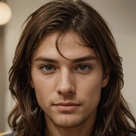 Portrait of a handsome, cute, male model face with grace and beautiful. Violett eyes with grey rim. He has brown messy hair shining in yellow light. Make him look mix of spain and middle european. He is a beautiful god. He is overwhelming, stunning, perfec...