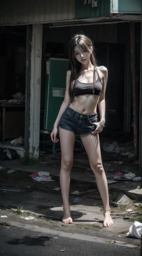 tmasterpiece，abandoned building，Garbage all over the ground，grimy，full-body portraits，Sexy standing pose，Slim legs，very beautiful long slim legs，The barefoot，full body exposed