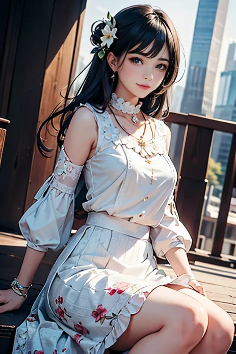 low angle,from below,((1girl, white blouse, flower printed elegant flair skirt)), ((masterpiece:1.4, best quality)), ((masterpiece, highest resolution)), (beautiful illustration),(semi long beautiful black hair),silver hair, (flower printed elegant flair s...