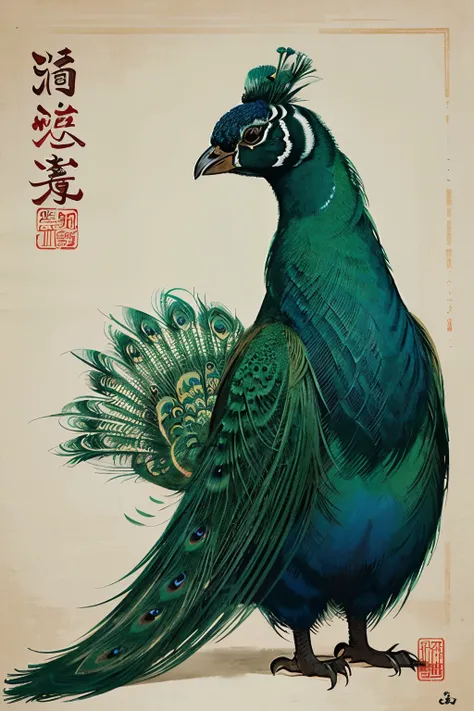 illustration，中国风illustration设计，Chinese style，traditional Chinese painting，Advanced typography，Advanced red and green color matching，Peacock，Eye-catching