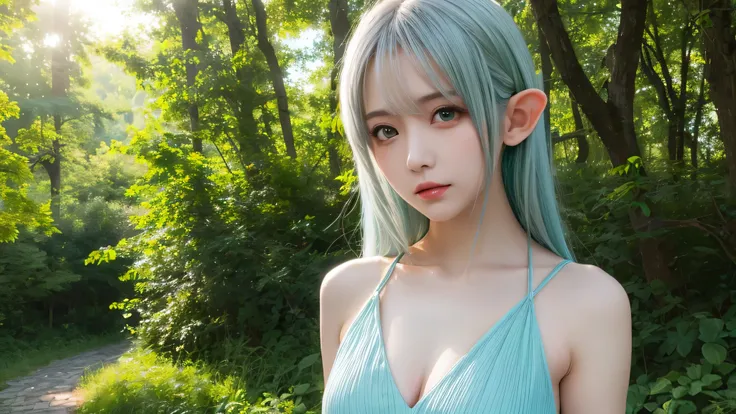 ((alone)),(masterpiece,highest quality,High resolution,realistic, photo realistic), cosplay,goblin, High resolution, plump lips, emerald green eyes,silver hair, light dress,thin,forest,blue sky,looking at camera,sexy pose