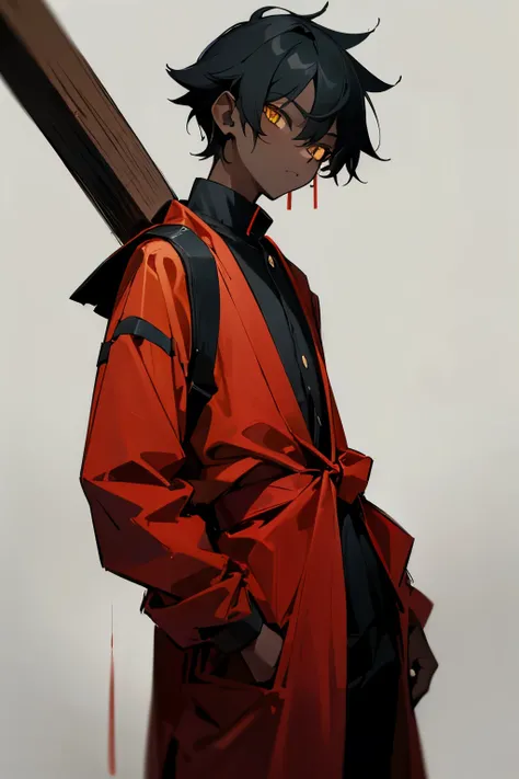 Boy, yellow eyes, black skin, age 10, wearing red clothes 