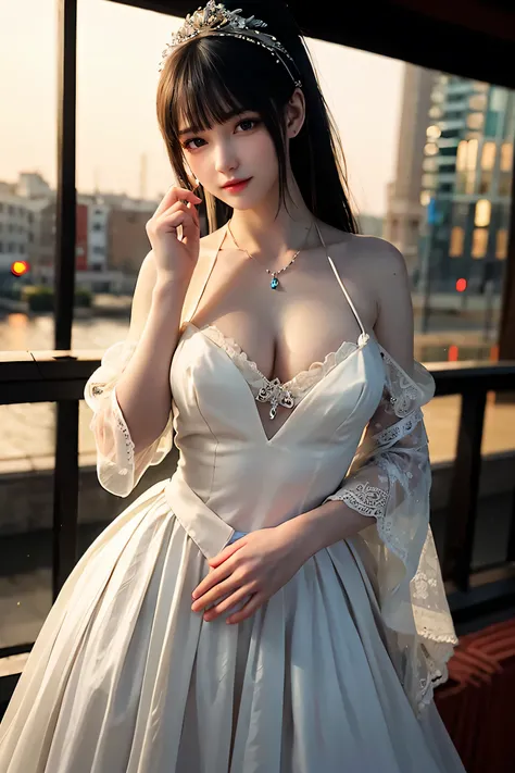 looking at camera， （Extremely exquisite beauty work）， （masterpiece）， 1 girl， Extremely detailed、Elegant wedding dress， There are very detailed， ponytail twist， charming expression， beauty clear eyes， green eye pupils， exquisite necklace， Delicate earrings ...