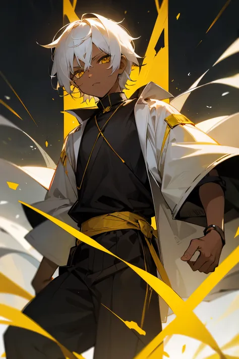 Boy, white hair, yellow eyes, black skin, age 10