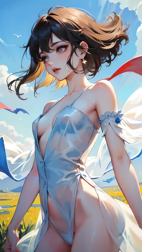 young girl　black hair　short hair　red eyes　irreverent face　look down　thin body　thin thighs　small breasts　small ass　toned body　blue sky　cloud　hair blowing in the wind　high quality　High resolution　8k　vampire　watercolor　natural feel　bridge of the nose　((最high ...