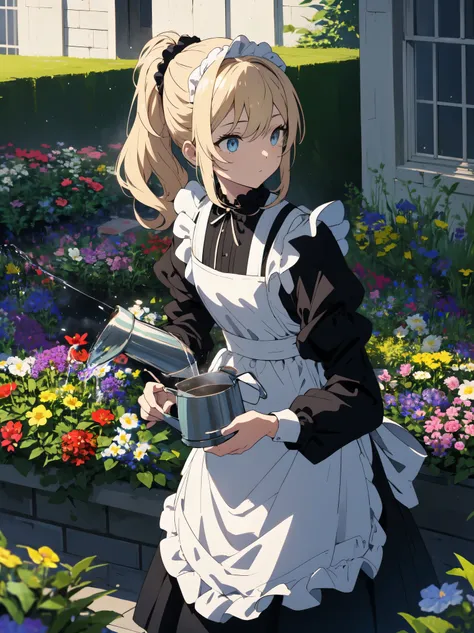 (masterpiece, highest quality, High resolution、be familiar with), (shining eyes)、1 girl,blonde hair, maid, blue eyes, side ponytail, hair scrunchie, hair ornaments, blue scrunchie, maid headdress, apron, (Mansion garden),(I am watering the flowers blooming...