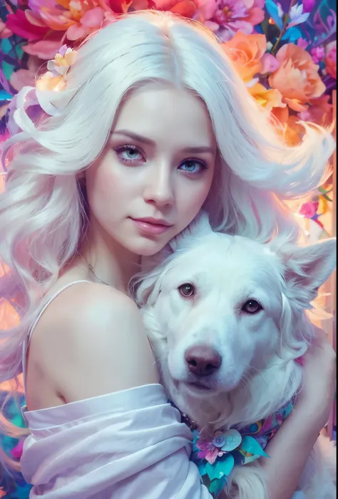 Picture of a woman with long hair, hugging a white dog, colorful digital fantasy art, Beeple and Jeremiah Ketner, Anna Dittman, just a joke, in style of Anna Dittmann, beautiful artwork illustration, Anna Dittman, beautiful portrait in fantasy style, color...