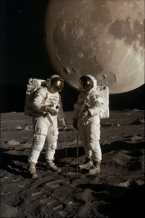 Some astronauts on the moon doing mapping

