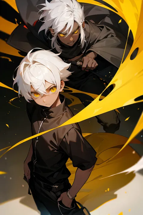 Boy, white hair, yellow eyes, black skin, age 10, ten-year-old 