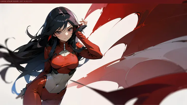 high quality、long black hair、straight hair、Beautiful woman、black eyes,red pilot suit、red pants、gundam、Aina、breast enhancement、anime touch、hand drawn、classic、watercolor painting、soft focus