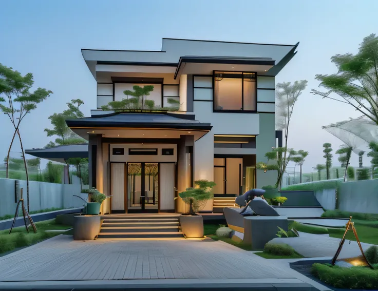 Villa japonaise sur le toit, light artificial light, Full HD, 4K, beaucoup d'arbres, Beau paysage, interior. Artificial light'interior