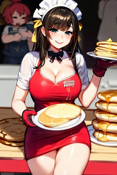 sexy girl at the carnival. eats pancakes with honey. in a short dress. beautiful breasts. Cute face. Smiling. holding a plate of pancakes. in move