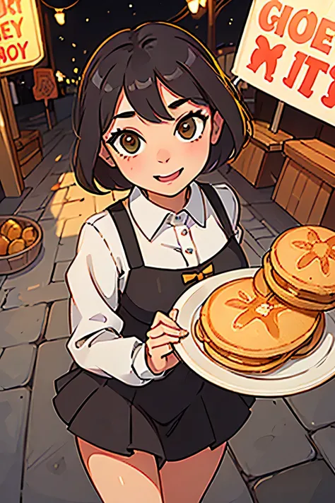 sexy cute girl at the carnival. eats pancakes with honey. in a short dress. beautiful breasts. Cute face. laughs. holding a plate of pancakes. in move. To the streets. end of winter. a scarecrow is burning in the background