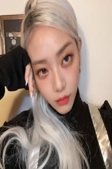 a Close up of a person with a white hair and a black shirt, Cl, her hair is white, blackpink roseanne park, TWICE&#39;s Tzuyu, have long white hair, That&#39;s a cute Korean face, with long white hair, profile image, silver hair (ponytail), becomes shiny w...