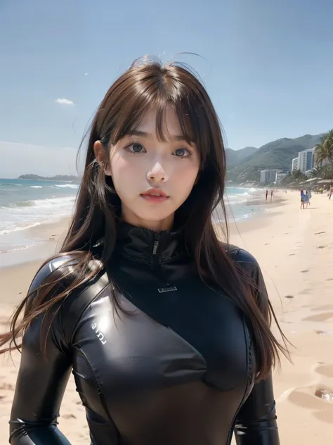 (8k,highest quality),beach,High school girl in a surfing suit,big eyes,Thin nasal muscles,healthy white skin tone,(brown hairstyle),blur the background,((big breasts))