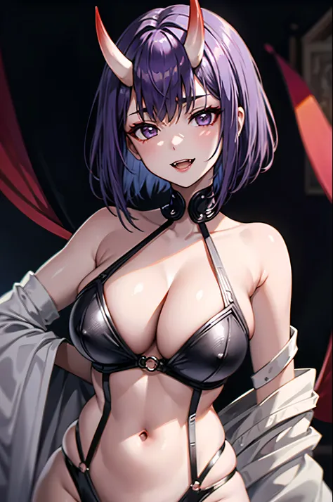 Shuten Doji, (big bust, wide hips) , either, bob cut, laugh, purple eyes, (alone), canine, eyeliner, Short eyebrows, pitching, simple background, bare shoulders, skin-covered either, portrait, purple hair, (milf), white background, them either, Short hair,...