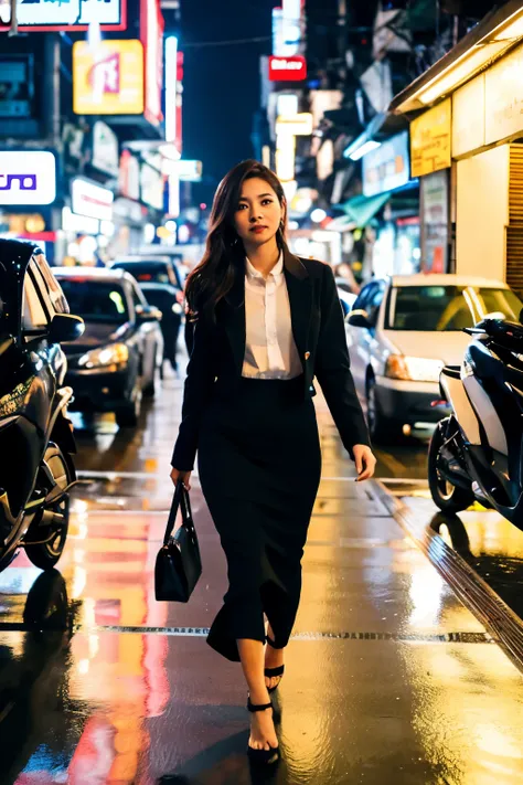 (Thai female office worker Walking around Bangkok Best quality at night)), ((Masterpiece)), (details), perfect face