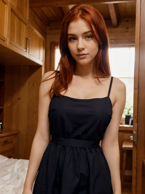 Beautiful redhair girl ,Wearing a dress  and showing the bobs 